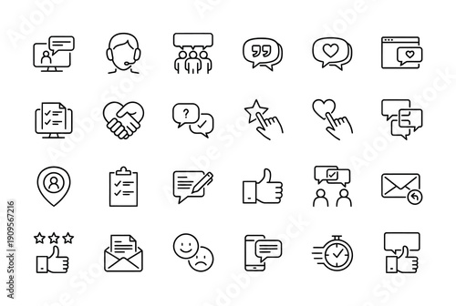 Collection of diverse line icons representing support communication and digital services