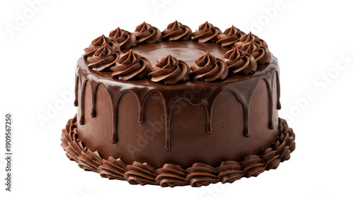Decadent chocolate cake with rich drip frosting and swirled rosettes on transparent background
