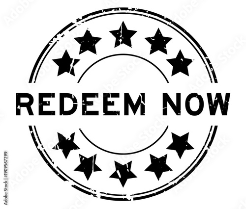 Grunge black redeem now word with star icon round rubber seal stamp on white background