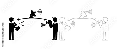 Journalists communicate via satellite and camera, illustrating media transmission and broadcasting.