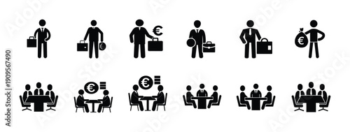 Business meeting and euro currency finance icon set, corporate businessman deal and money management symbol, office professional vector illustration with editable stroke.