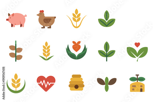 Farm elements pigs chickens wheat vegetables and beekeeping icons