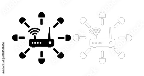 Wireless router broadcasting signal to multiple connected devices in network