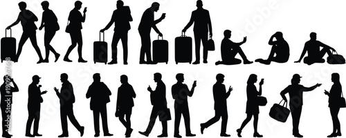 Travelers walking and waiting silhouettes collection, people with luggage using smartphone, airport journey lifestyle characters isolated on white background
