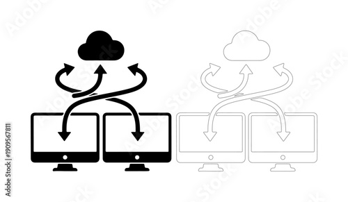 Digital data transfer between computers and cloud storage visualized