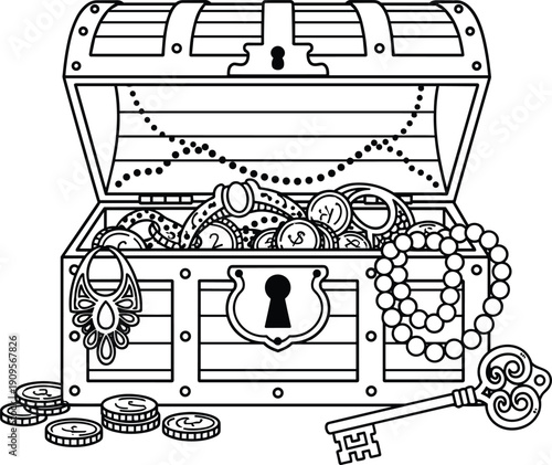 Treasure chest with coins and jewelry line art, pirate treasure box illustration, vintage wealth concept isolated vector coloring page
