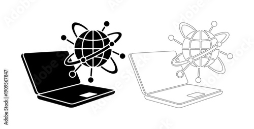 Global network connection symbolized by a globe emerging from a laptop screen.