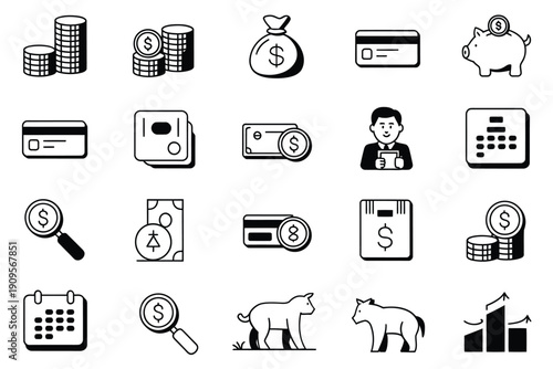 Financial icons depicting money banking investment and economic growth