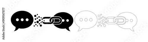 Broken communication link between two chat bubbles, symbolizing disconnection and misunderstanding.
