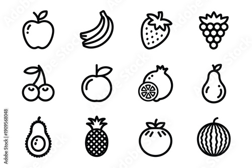 Collection of simple line art illustrations depicting various fruits