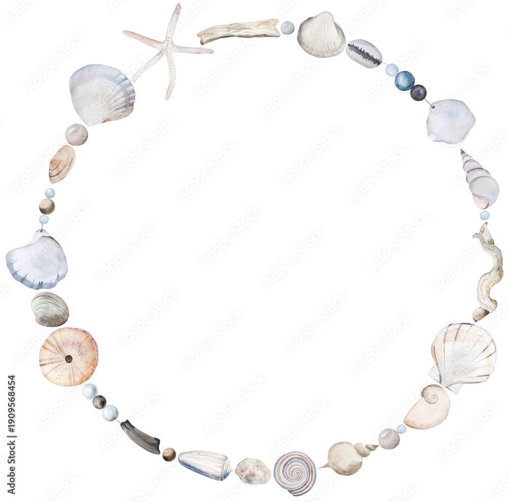 Fototapeta premium Hand drawn round frame with watercolor seashells, copy space. Coastal wedding isolated illustration