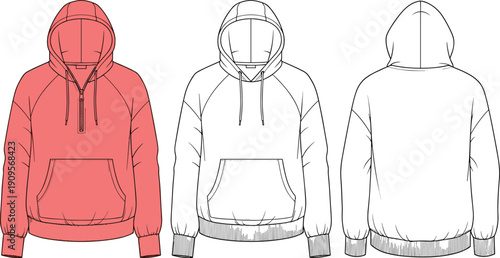 Unisex hoodie vector illustration set, front and back view sweatshirt mockup, modern casual apparel design isolated white background for branding
