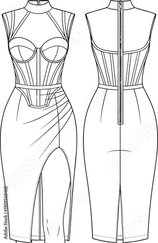 Women corset dress vector illustration, front and back view fashion flat sketch, bodycon evening gown technical design template isolated background