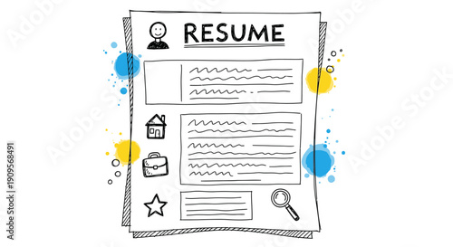 Hand-drawn illustration of a resume document with various sections and colorful paint splatters.