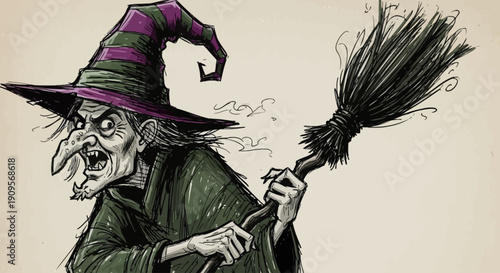 A detailed illustration of an old, ugly witch with a crooked nose, wearing a striped hat and holding a broomstick, looking menacingly.