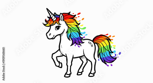 A vibrant cartoon unicorn with a rainbow-colored mane, tail, and horn, standing playfully on a white background.