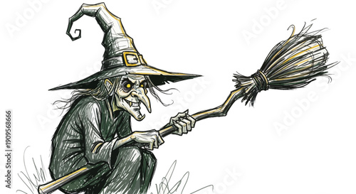 A creepy old witch with a pointy hat and long nose, holding a broomstick, in a cartoonish illustration.