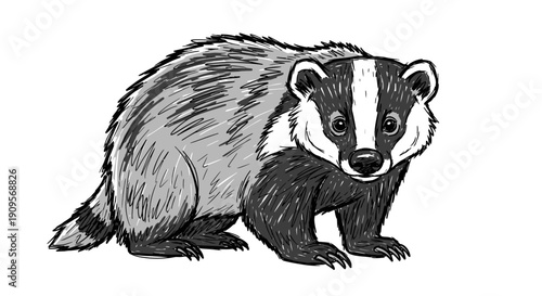 An illustration of a badger with its characteristic black and white striped face, standing and looking forward.