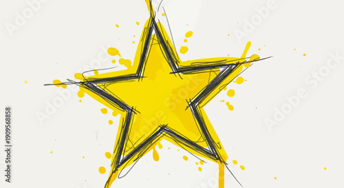 A hand-drawn yellow star with a grunge, sketchy outline and paint splatters on a light background.