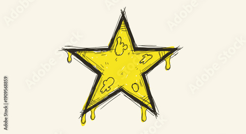 A hand-drawn, grungy yellow star with black outlines, appearing to melt or drip yellow liquid from its points, on a light background.