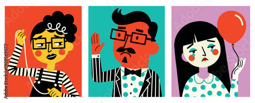 Creative professionals including mime  and actors in flat vector style