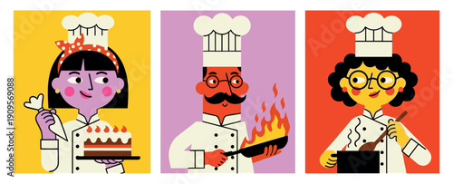 Chefs and baker cooking and decorating in colorful flat vector style