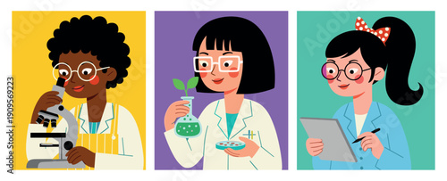 Female scientists working in laboratory in colorful flat vector style