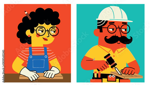 Professional carpenters and builders characters in colorful flat vector style