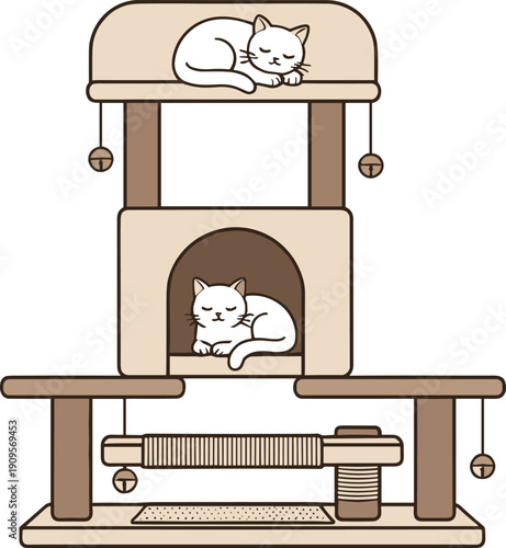 Minimal Cat Tree Furniture with Sleeping Kittens and Scratching Post Vector Illustration for Indoor Pet Playhouse and Cozy Home Decor Design