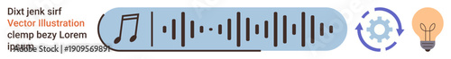 Sound design, innovation, technology, creative process, audio editing, data visualization. Music note next to an audio waveform bar with gear cycle and lightbulb icons. Sound design and innovation