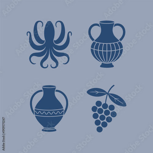 Four Blue Frames with Mediterranean Treasures: Octopus, Vases, and Grapes