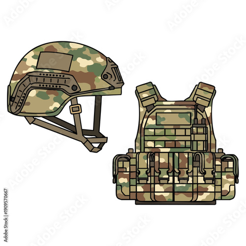 Military Tactical Helmet and Vest. Camouflage Combat Gear. Protective Armor.