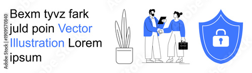 Business agreement, cybersecurity, data security, professional collaboration, online safety, digital protection. Two professionals shaking hands, shield with lock symbol and a plant. Business
