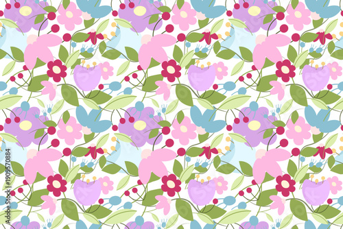 Seamless vector spring pattern featuring a dense arrangement of fresh pink, purple, and blue flowers with green leaves. Elegant floral repeating design for textiles and wallpaper.