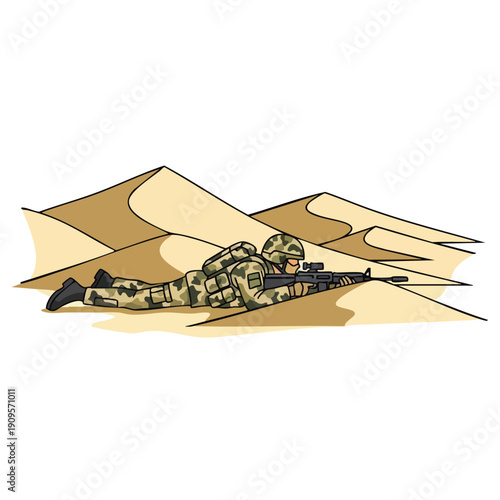 Soldier aiming rifle in desert. Military illustration. Camouflage uniform. Desert operation.