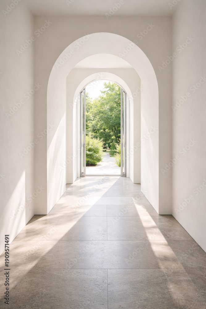 Fototapeta premium Modern hallway leading to a serene garden through open doors