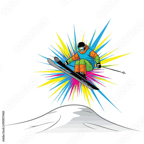 Skier Jumping. Freestyle Skiing. Cartoon Graphic Illustration. Winter Sport Action.