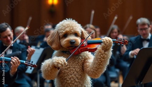 Cute dog playing violin with symphony orchestra musicians