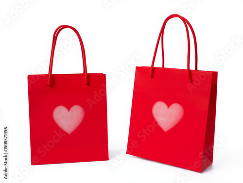 shopping bag with heart. Set of red paper shopping bag with rope handle isolated.  A vibrant, solid red shopping bag with matching rope handles, set against a transparent background, presentations