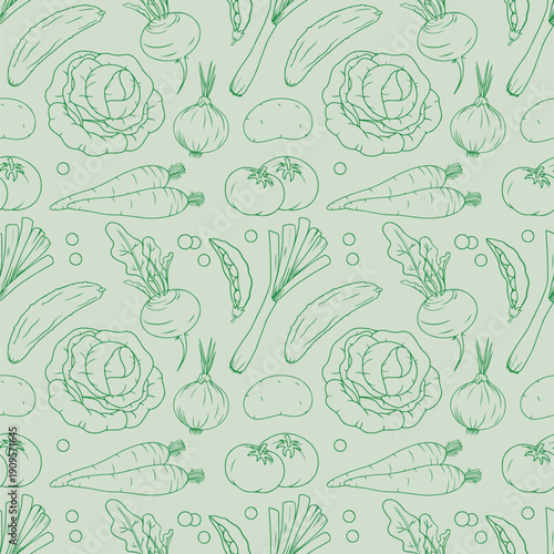 seamless pattern with vegetables, silhouettes of different vegetables on green background, template for textile, wrapping paper, prints, wallpaper,banner,food industry