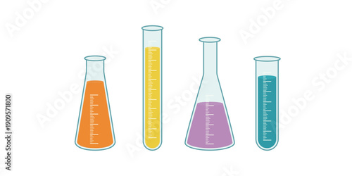 Laboratory glassware with colorful liquids vector illustration chemistry flasks and test tubes set. Scientific experiment equipment in flat style isolated on background.