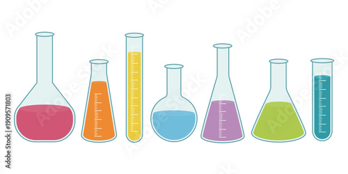 Laboratory glassware vector set with colorful chemical liquids. Science lab flasks and test tubes illustration. Chemistry equipment collection in flat style. Isolated on white background.