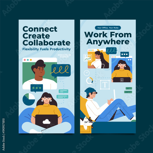Remote work collaboration vertical banner isometric cartoon