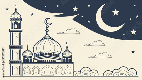 Minimalist Ramadan mosque silhouette at dusk with crescent moon and stars for spiritual banner