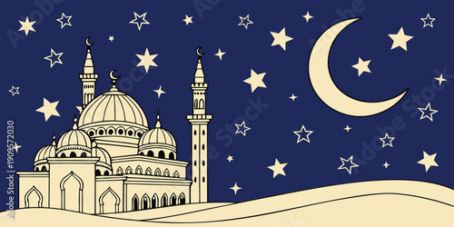 Ramadan crescent moon and lantern on blue night sky vector illustration banner