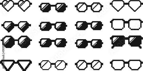 Pixel Sunglasses Icon Set with Retro Eyewear Shapes and Black White Frames Vector Collection for Game UI and Vintage Graphics