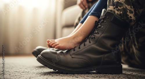 Military boots and child's feet close-up