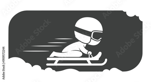 Dynamic monochrome vector illustration of a child-like figure in a helmet and goggles, rapidly sledding downhill, symbolizing winter sports and speed.
