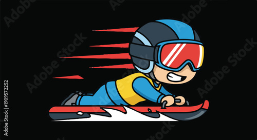 Cartoon character sledding downhill at high speed, enjoying winter sport fun. Young boy tobogganing illustration with motion lines on black background.