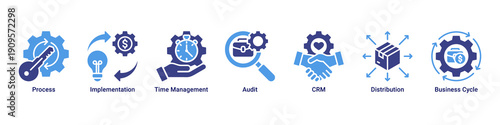 Business Process banner icon set visualizing workflow execution, time control, auditing, CRM systems, and operational efficiency
